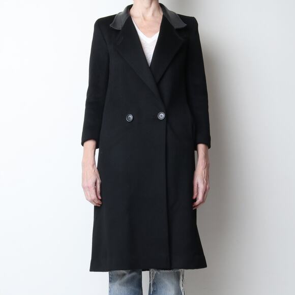 Vintage 1980s Black Wool Fitted Tailored Coat with Leather Collar XS Petite - Picture 2 of 7
